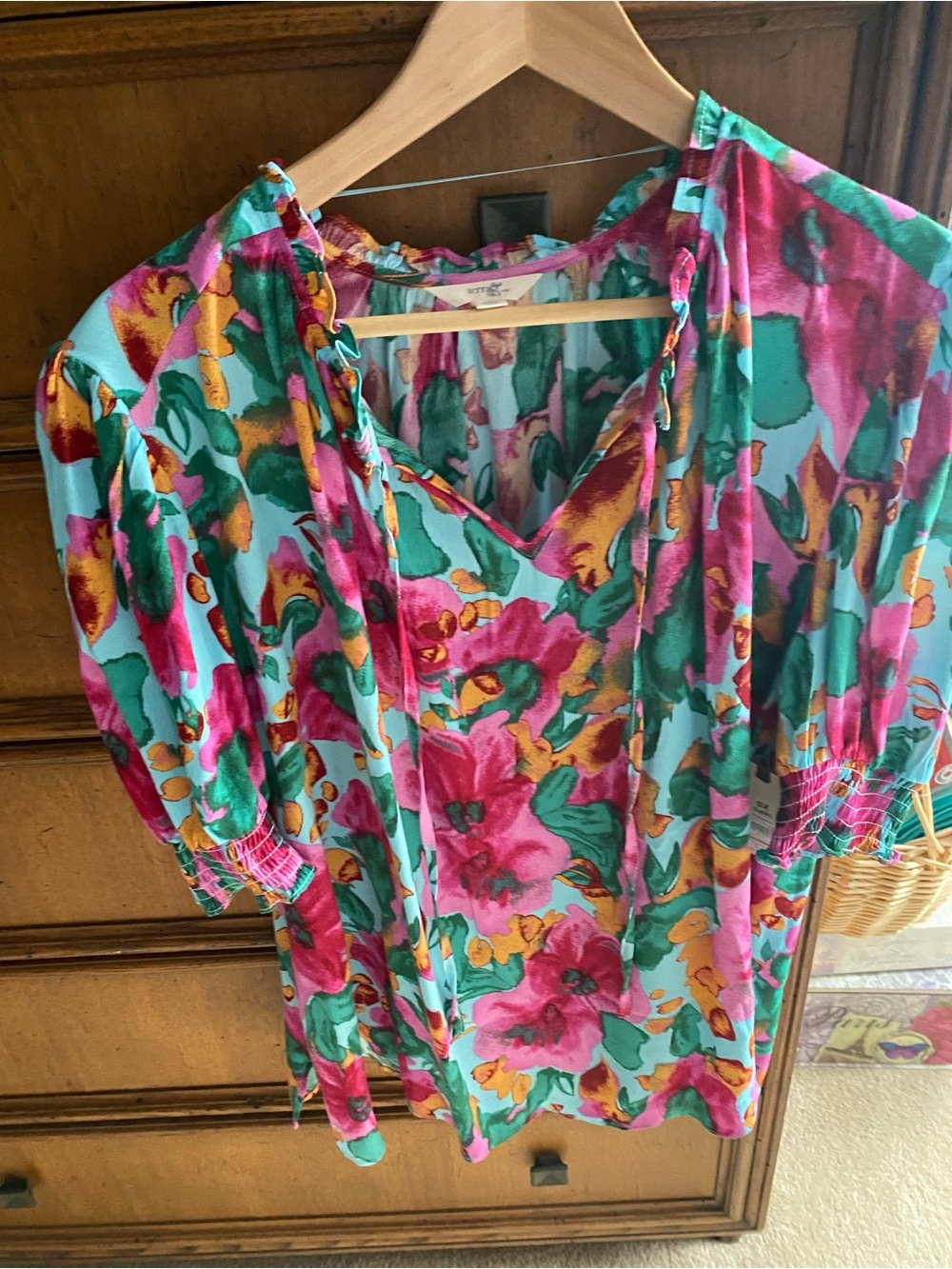 Terra & Sky Teal, Pink & Gold Floral V-Neck Blouse